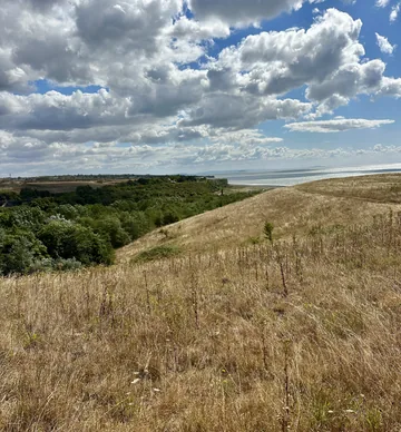 Grassy terrain across the mound at Aberthaw beneath a cloudy sky.