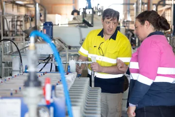 Two team members beside the pilot equipment, discussing a sample.