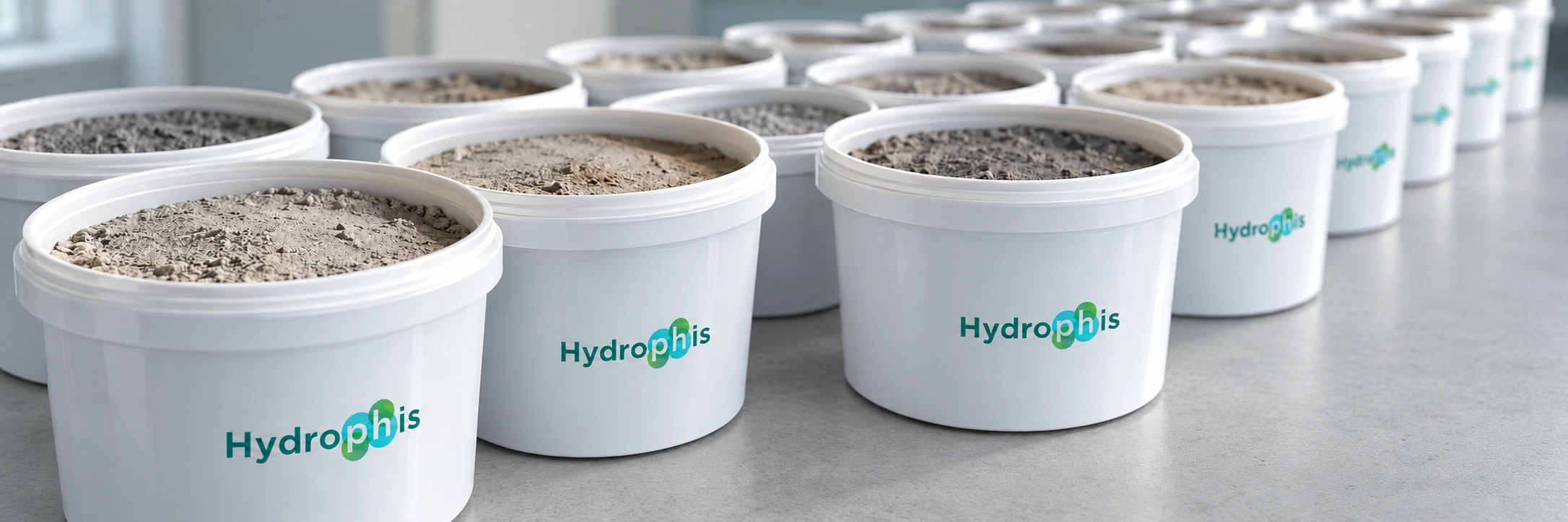 Illustrative view of Hydrophis sample containers holding grey ash powders on a neutral laboratory workbench.