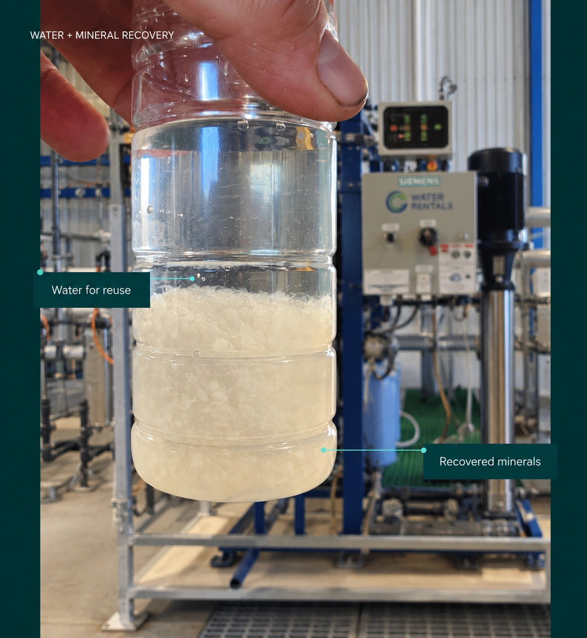 A hand holds a bottle with clear water above recovered minerals in front of pilot-plant equipment. Labels identify water for reuse and recovered minerals.