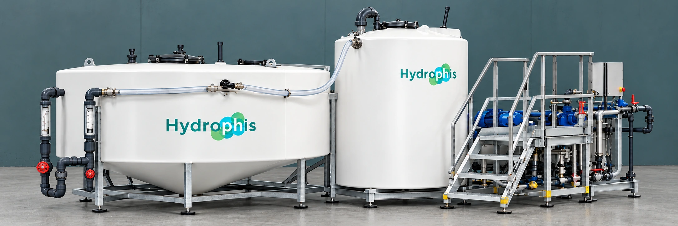 Illustrative view of the complete Hydrophis recovery unit, with branded white tanks, pipework and an access platform against a muted grey-teal workshop wall.